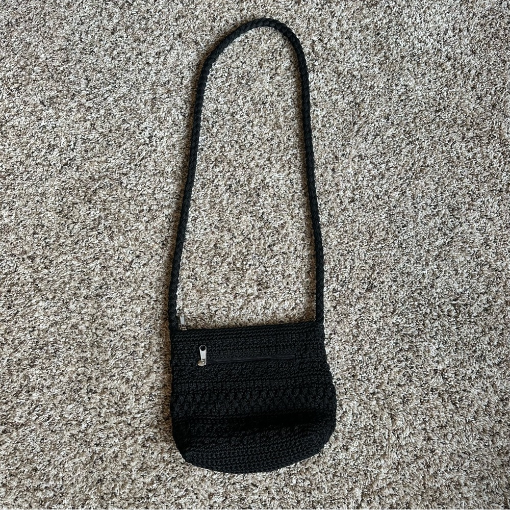 Lina Small Black Crochet‎ Zip Top Crossbody Bag Purse